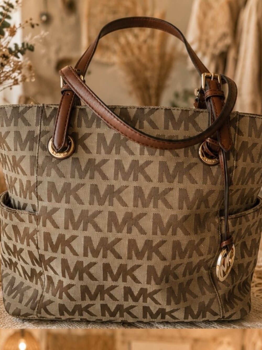 Michael Kors Jet Set Zip Top Tore- Tan and Brown MK Monogram